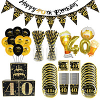 40th Birthday Decorations for Men Women Black Gold Happy 40th Anniversary Tableware Plates Cup Napkin Straws Banner Balloons