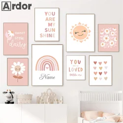 Daisy Rainbow Sun Love Heart Personalized Name Poster Cute Wall Art Canvas Prints Picture Pink Girl Baby Kids Room Home Decor