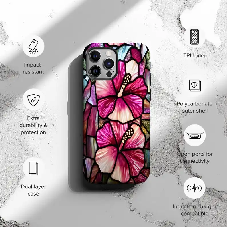 Tropical Hibiscus Stained Glass Phone Case For IPHONE 16 15PRO MAX 14 13 12 11 Acrylic TPU Two in one magnetic Phone Cases