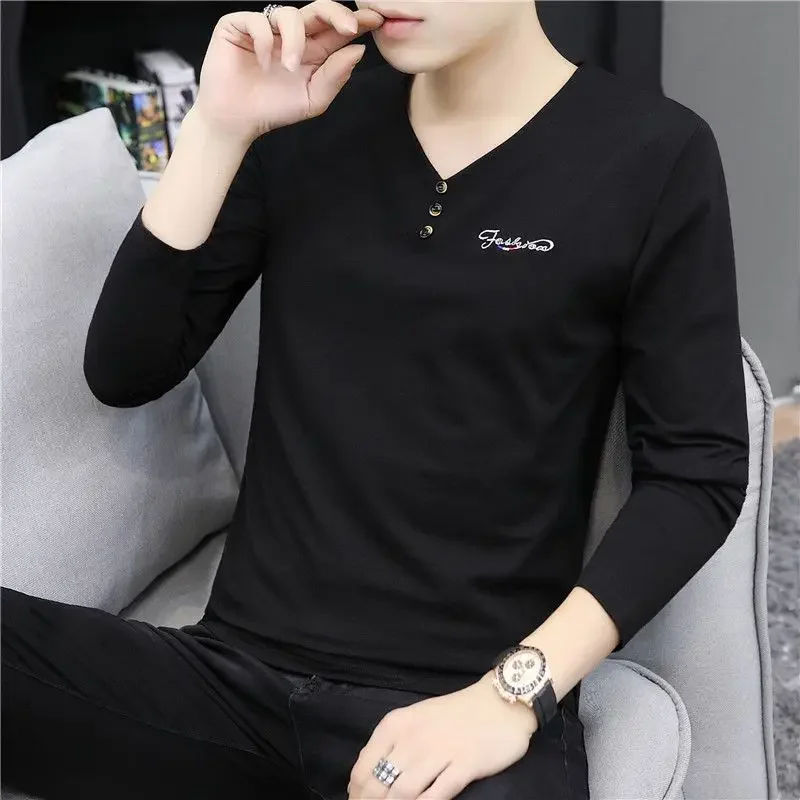 Plain Slim Fit T Shirt for Men Unicolor Sweatshirts V Neck Man Pullovers Tight Xl Streetwear Tee Y2k Clothes Fashion Trends 2024