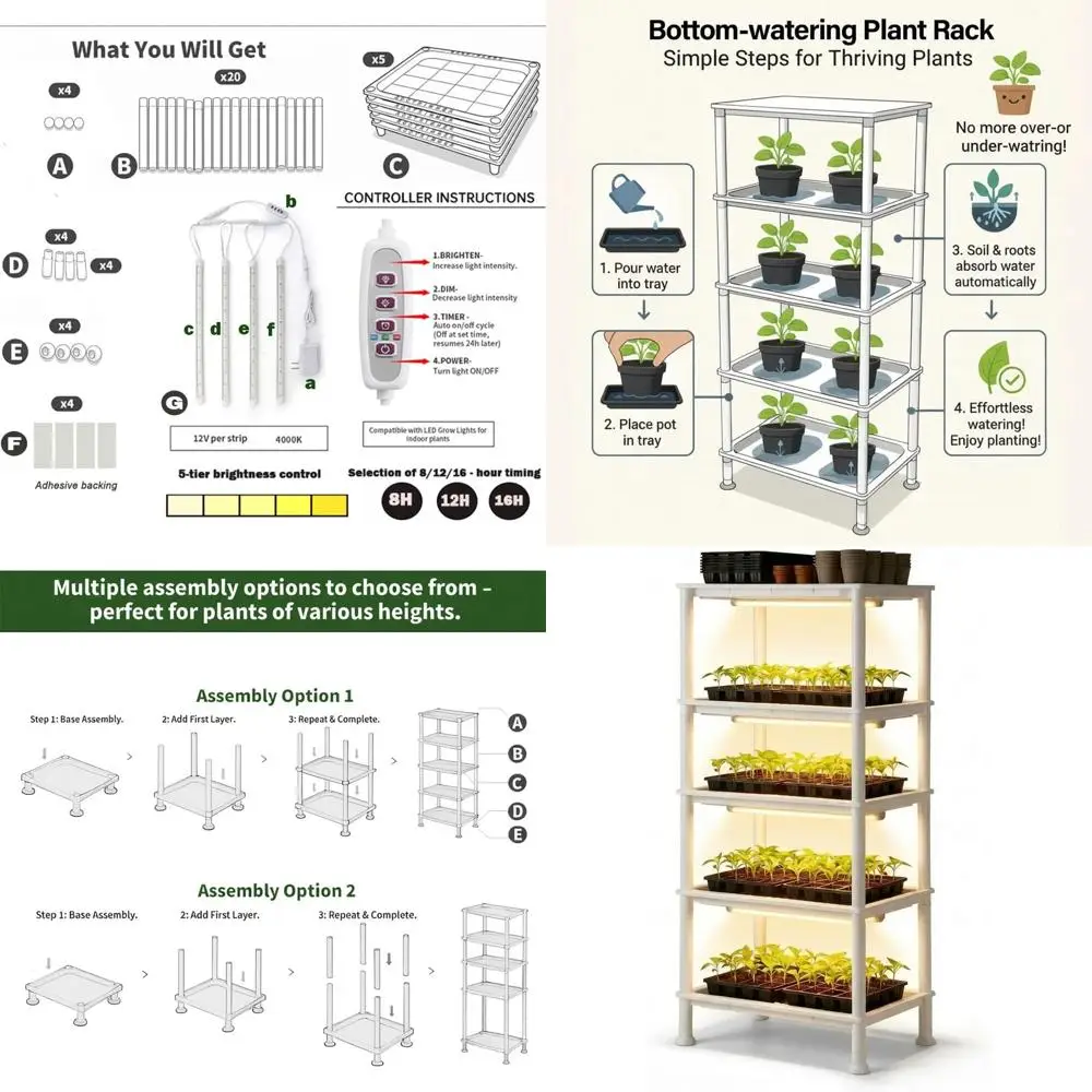 

5-уровневый лоток для рассады с LED-подсветкой и автотаймером, для нижнего полива комнатных растений и рассады - белый