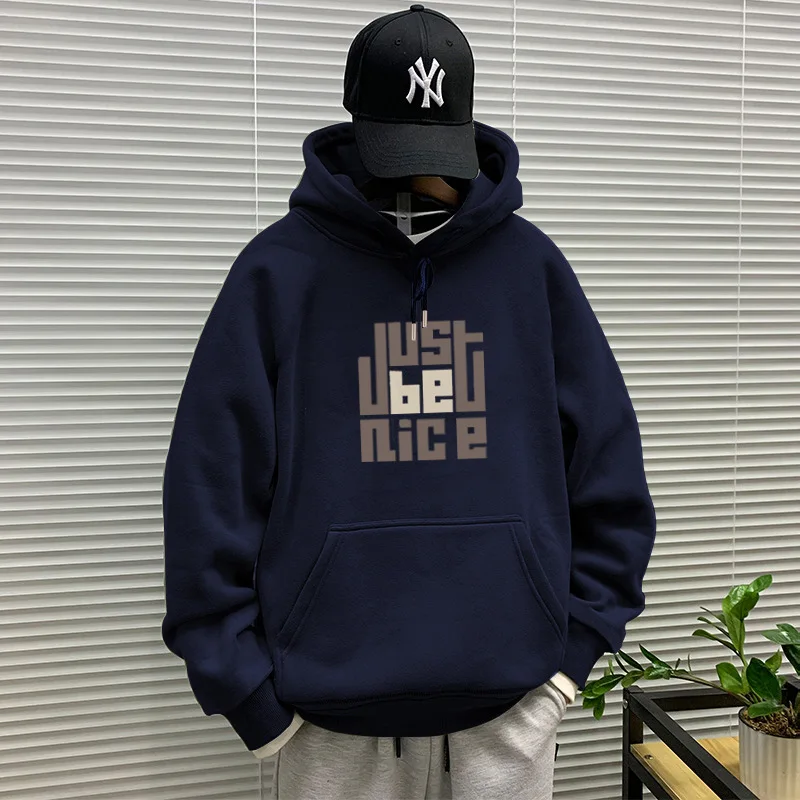 Autumn and Winter Hooded Sweater Boys Fleece Versatile Loose Enlarged Casual Simple Jumper Top Jacket Men