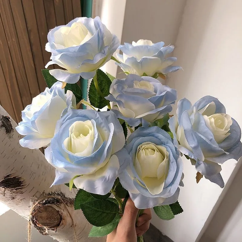 Rose Artificial Flowers Real Touch Ice Blue Rose Wedding Home Artificial Roses Flower Valentine Fake Silk Flower Decoration