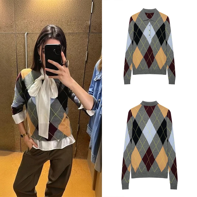 Guobioziy Women's Slim-Fit Long-Sleeve Diamond Pattern Polo Shirt 2026 Spring-Autumn New Style French Casual Fashion Daily Wear