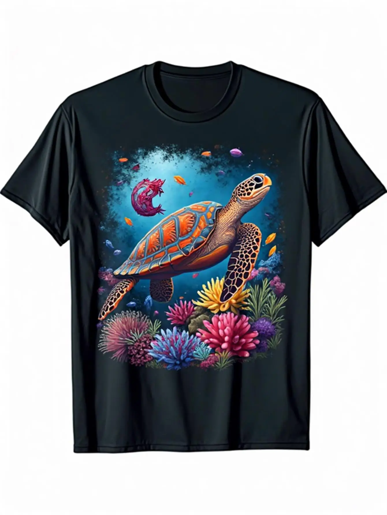 

Men's Vivid Turtle and Coral Pattern T-Shirt, Soft and Breathable Cotton, Regular Fit Short-Sleeve T-Shirt with Heat Transfer Printing, Casual Beach Wear and Men's Holiday Gift, All-Season Comfortable Turtle T-Shirt, Comfortable Fit T-Shirt, Durable Casua