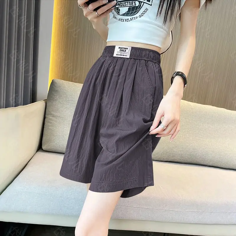 

Women Summer Simplicity Loose High Waist Solid Color Ice Shreds Quarter Shorts Women Clothes Casual All-match Trend Wide Leg