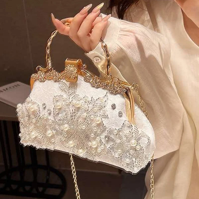 Ancient Style Pearl Embroidered Bamboo Knot Handbag Heavy Industry Rivet Qipao Banquet Water Diamond Embroidered Fashion Accesso