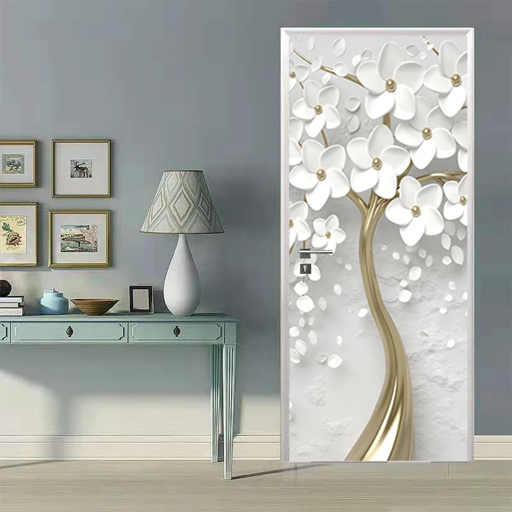 White Flowers Bloom Tree Door Sticker Removable Bedroom Wardrobe Decoration Flower Blossom Wall Door Art Mural Cover Stickers