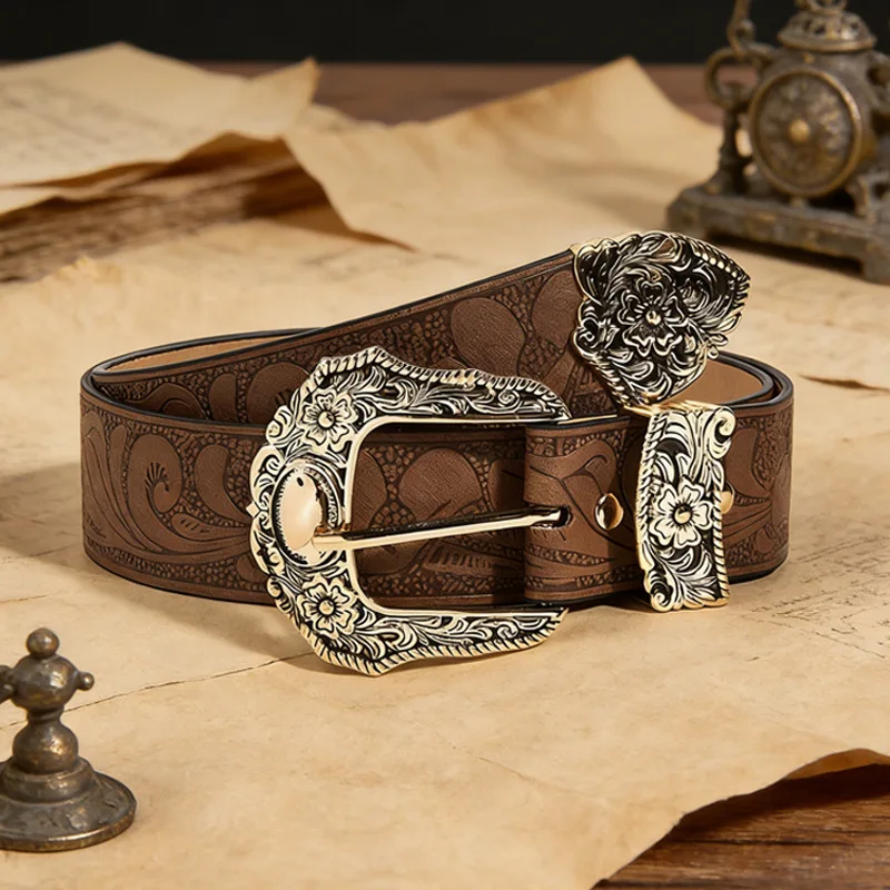 Women's Floral Carved Buckle Belt, Retro Solid Color Embossed Waistband, Western Style Jeans Belt