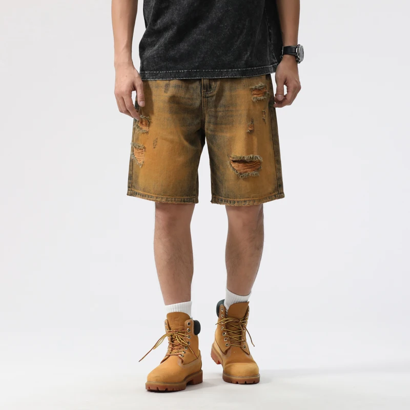 

Loose Straight-fit Distressed Denim Shorts for Men Plus-size American Vintage Trendy Casual Yellow Mud Summer Knee Length Jeans