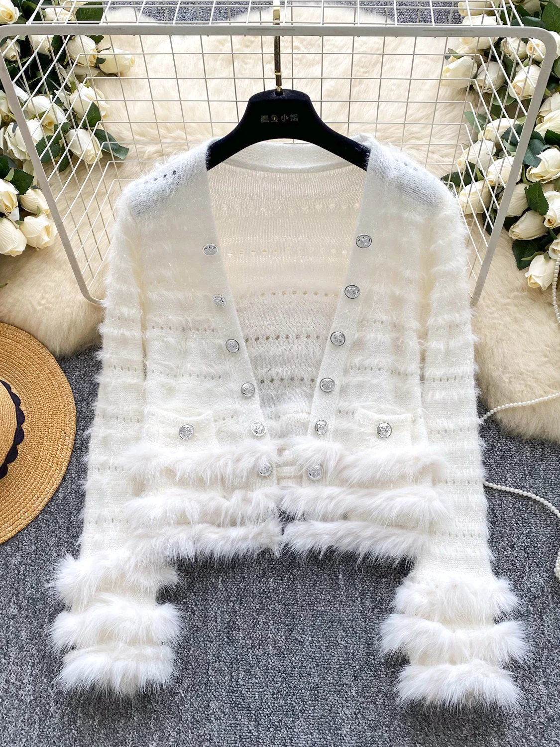 

Foamlina 2025 Autumn Winter Fur Sweater Cardigan for Women Elegant Solid Long Sleeve Buttons Hollow Out Short Knit Coat Outwear