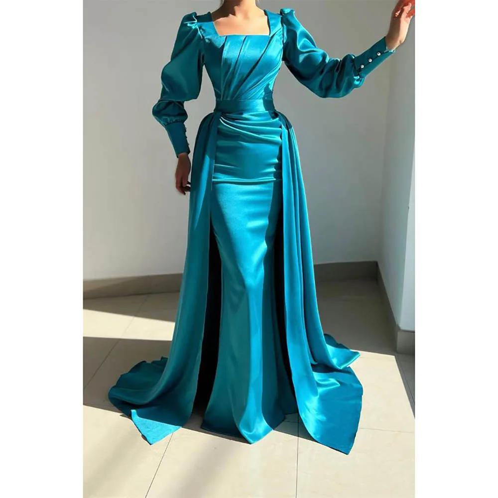 Square Collar Long Sleeve Pleat Chapel Train Evening Dresses Luxury Detachable Train Mermaid Special Occasion Gowns for Women