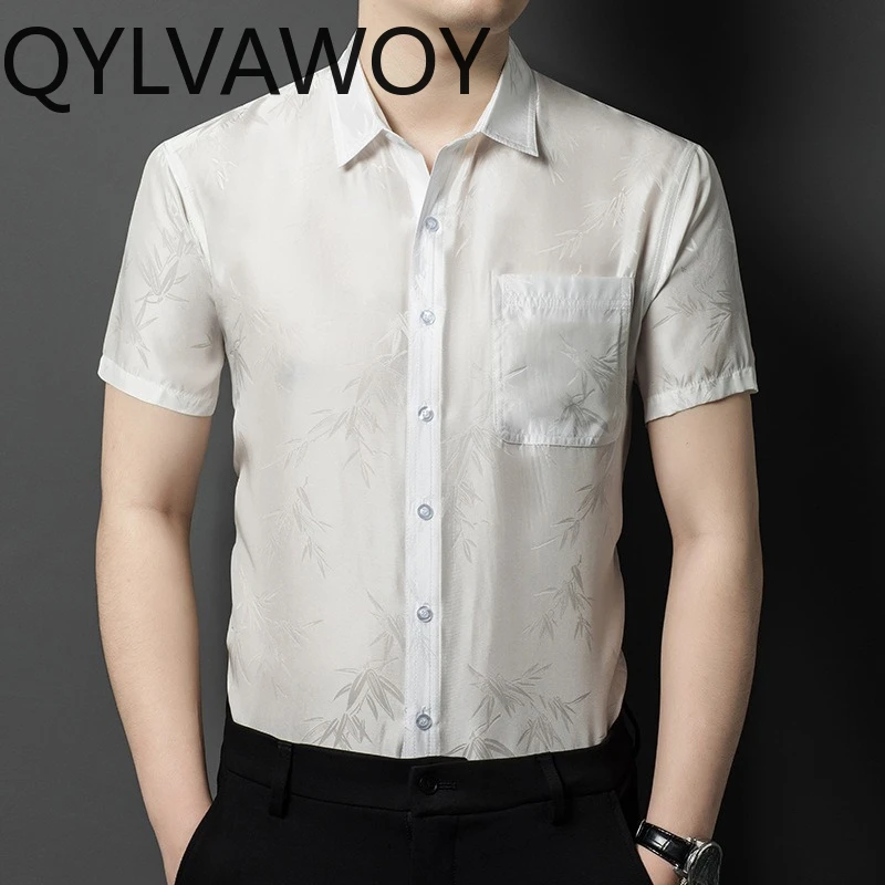 QYLVAWOY 100% Real Mulberry Silk Men's Shirts Summer Short Sleeve Tops Man Shirts High Quality Camisas Masculina Business Casual