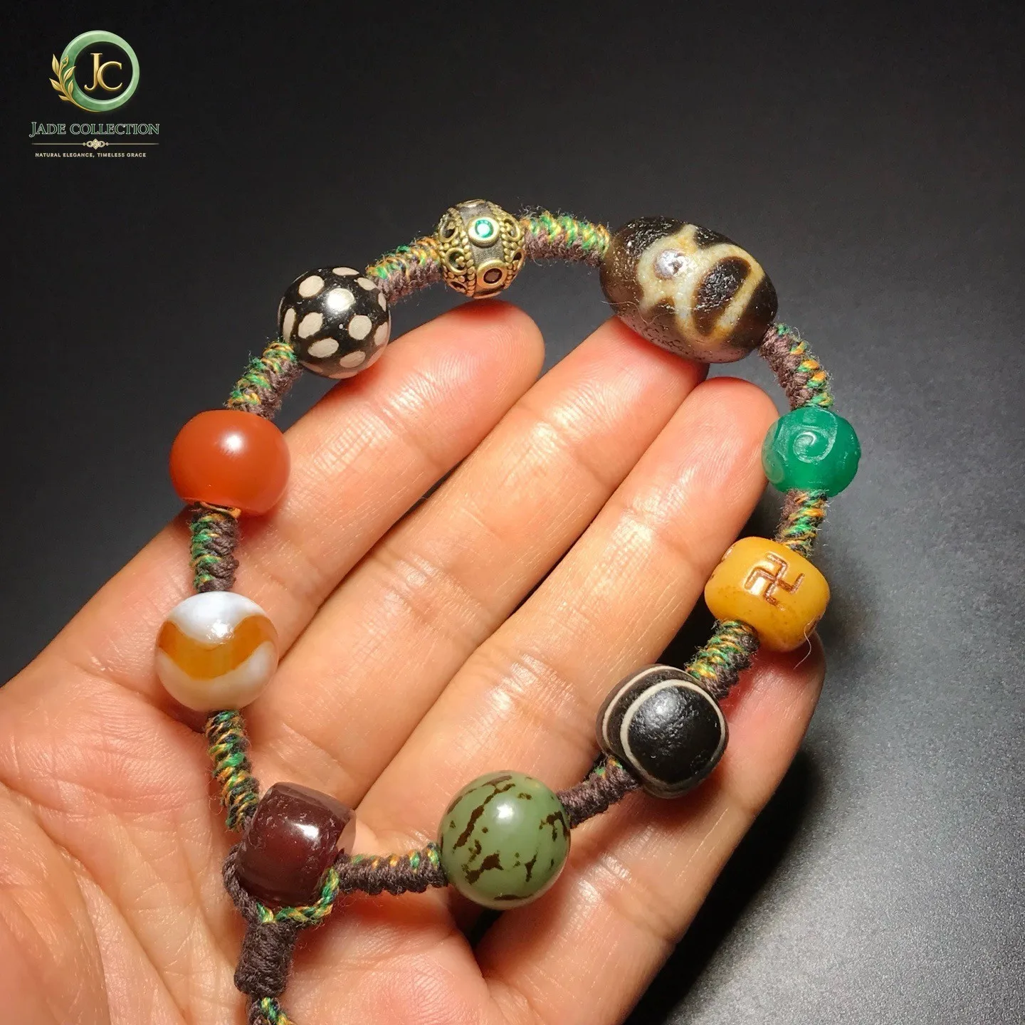 Tibetan Old Agate Dzi Multiple totems God of Wealth Beads Amulet Bracelet J0624