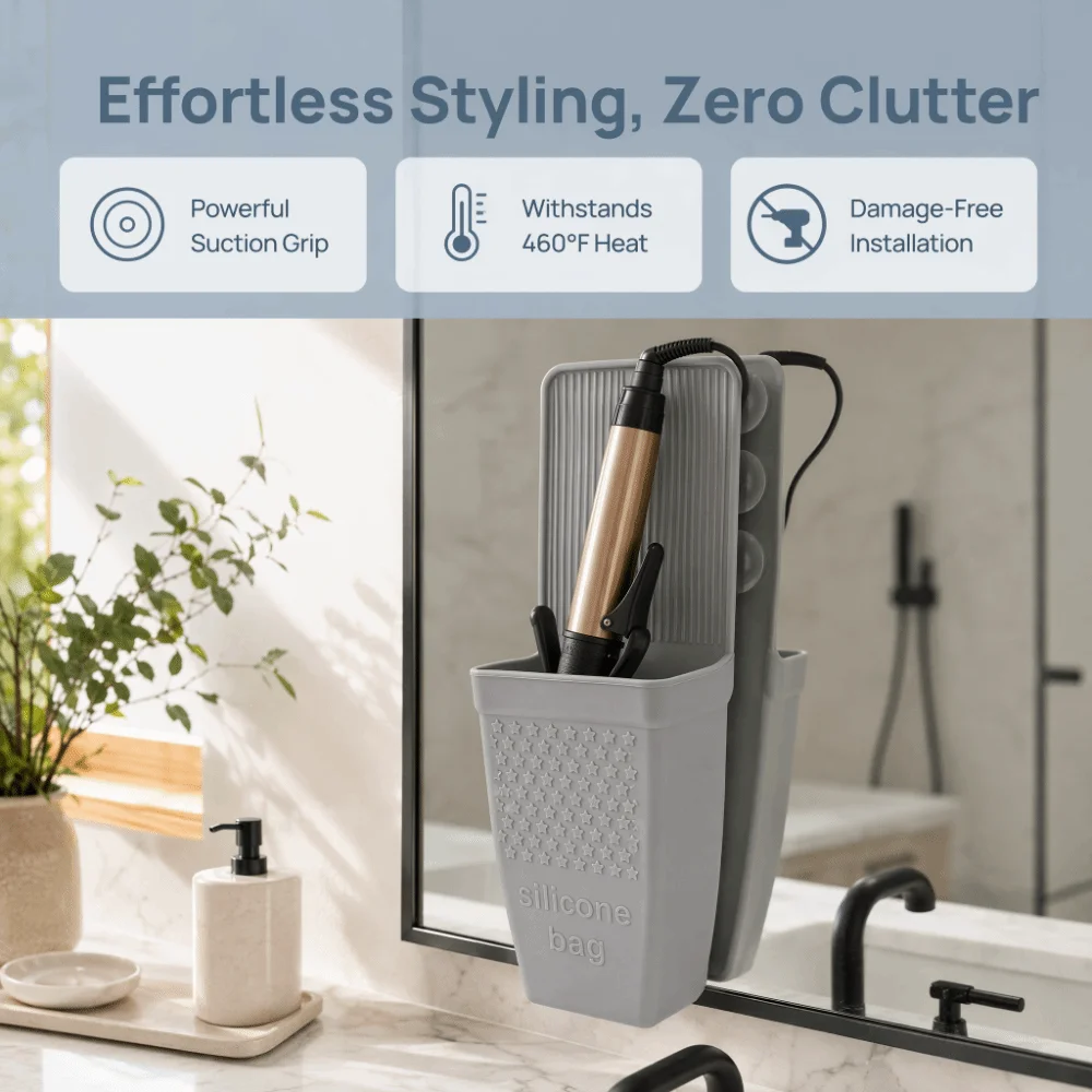 Strong Suction Cup Hair Tool Holder Portable 460°F Silicone Mat Pouch Hair Straightener Mat Travel