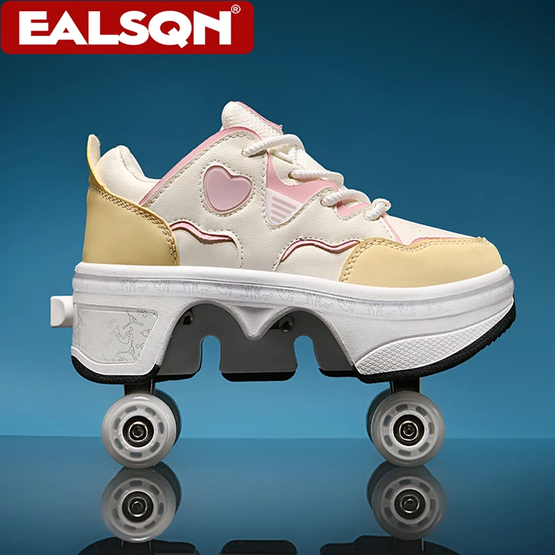 Girls Pink Roller Skate Sneakers With Four-wheeled Retractable Teenagers Fashion Outdoor Sports Shoes Children Gifts