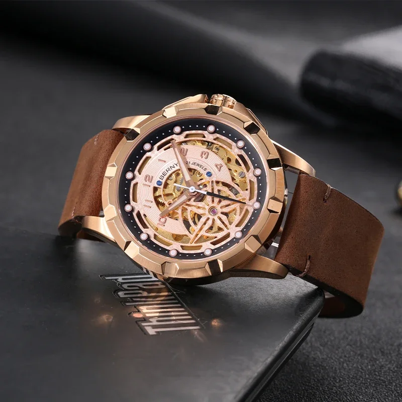 BERNY Luxury Men Watch Super Luminous Skeleton Retro Mechanical Watches Automatic Self-Wind Classic Vintage Strap Wristwatches