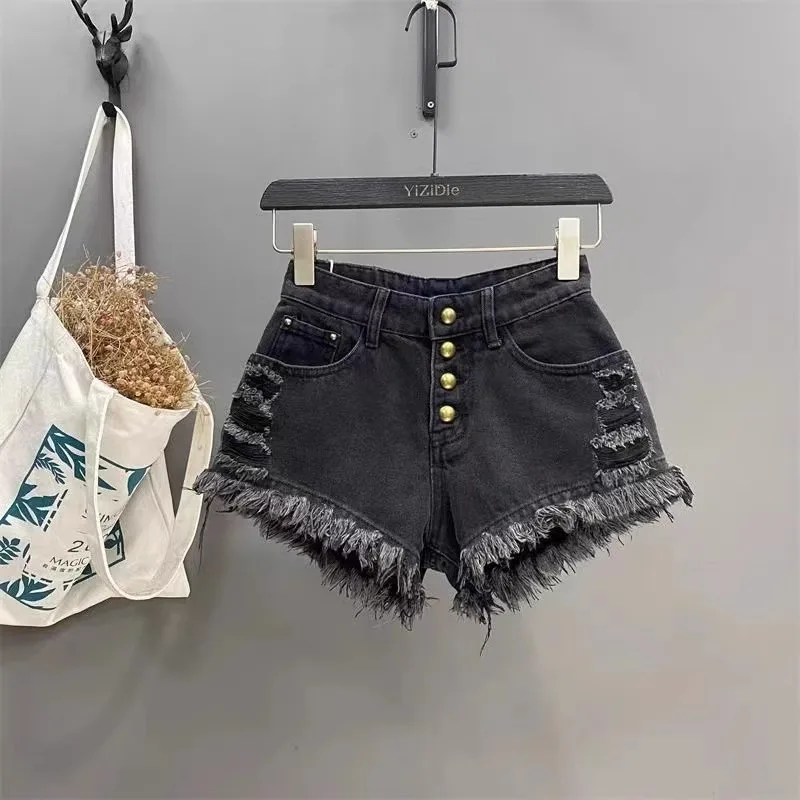 Retro Distressed Distressed Heavy Industry Tassel Fringed A-line Ultra Short Pants with Hip Hugging Single Breasted Denim Shorts