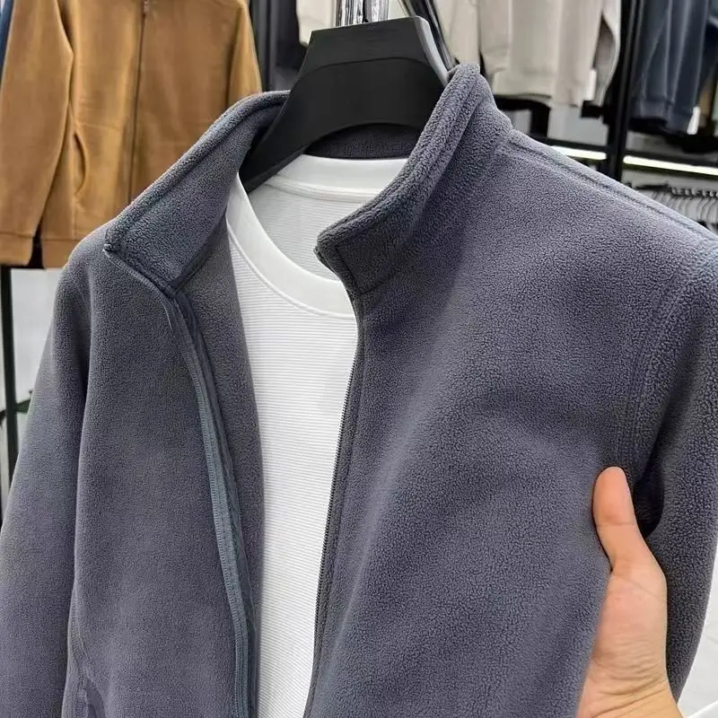 New Stand Collar Zipper Cardigan Jacket Autumn Winter Men Thickened Sweatshirt Warm Men\'s Polar Fleece Solid Color Jacket