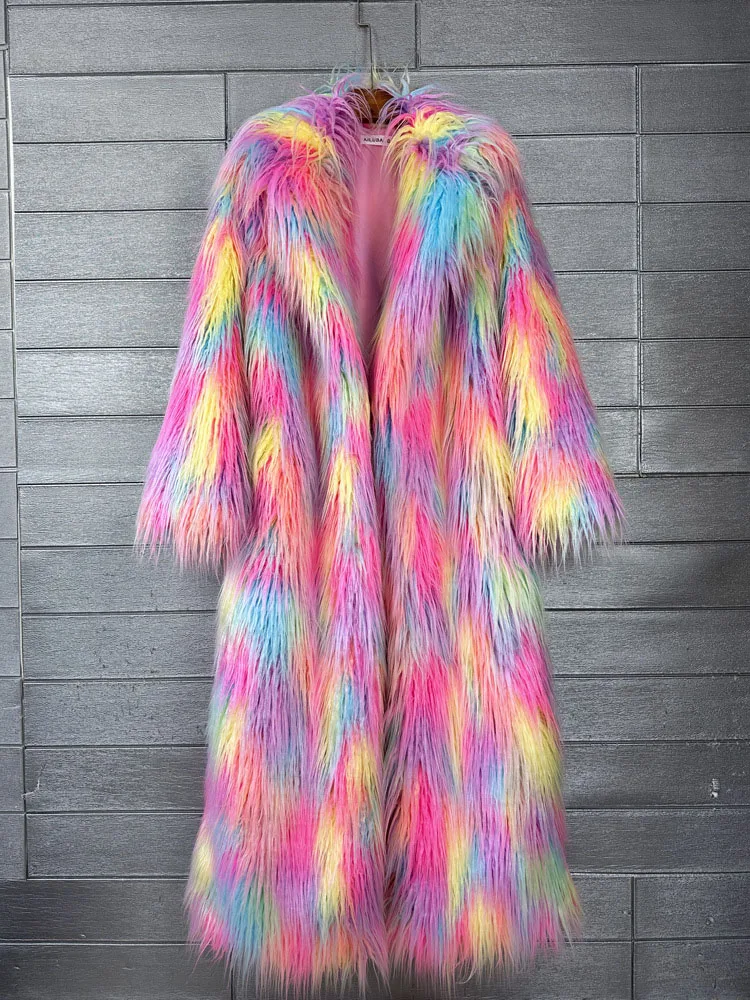ZADORIN 130cm Colorful Lapel Long Faux Fur Coat Woman Winter Thicken Furry Jacket Mongolian Fur Faux Coat New in Coats & Jackets