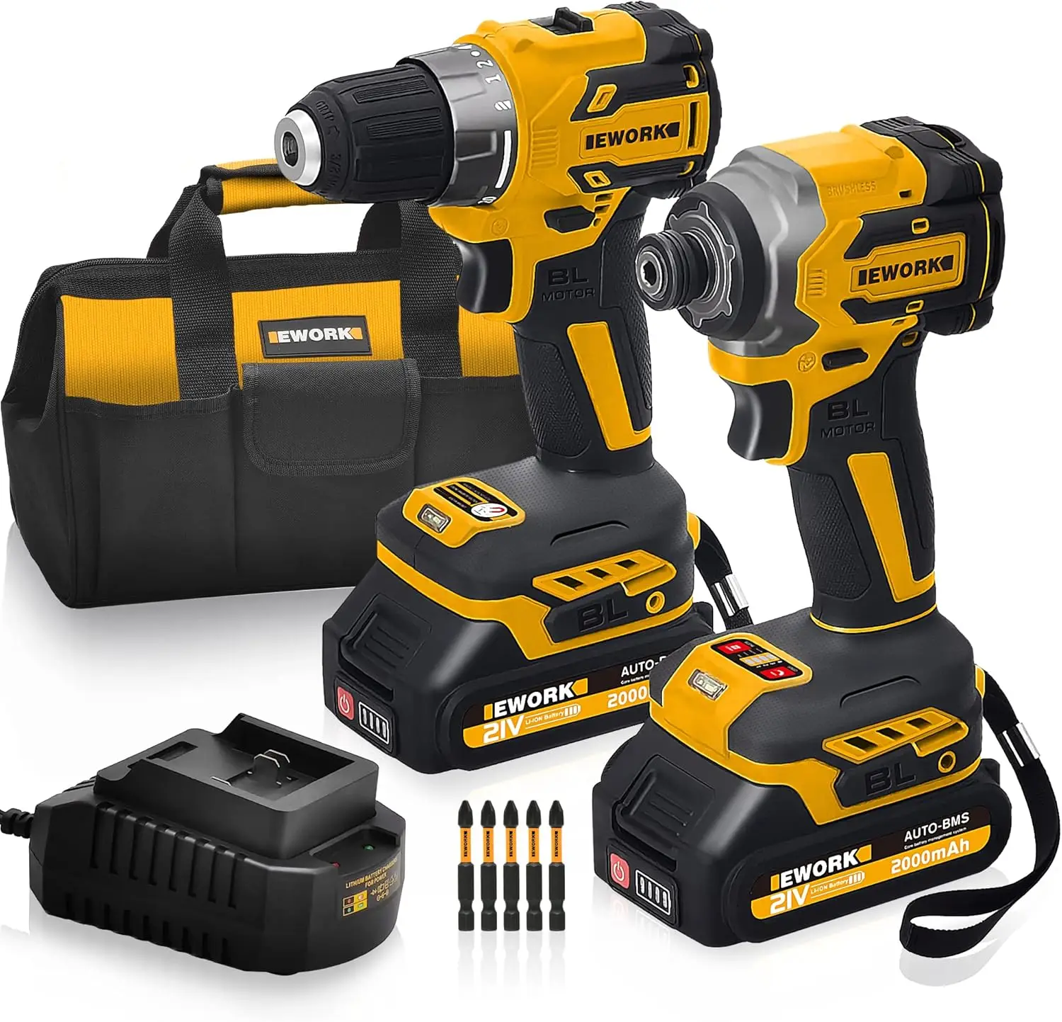 Compact Cordless Drill and Impact Driver Combo Kit 21V Brushless Power Tool Set with (2) 2.0Ah Batteries and Fast Charger