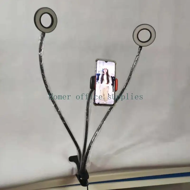 

K43B Clamps on Selfie Rings Light with Phone Stand Desk Double Rings Light with 3 Lighting Color for Laptops, Computer