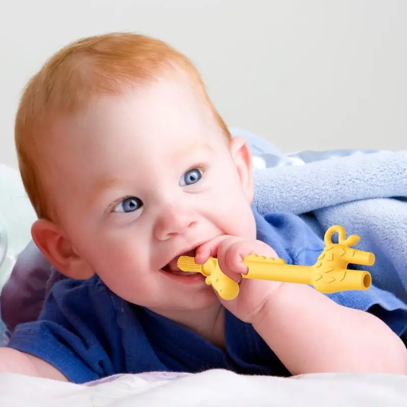 Teether Tubes Silicone Giraffe Teether Tube For Chewing Food-Grade Montessori Sensory Toys Hollow Teething Stick Chew Straw Toy