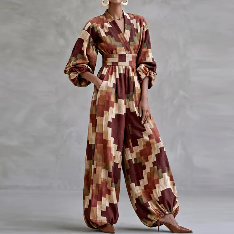 Autumn Retro V Neck High Waisted Jumpsuit Casual Lantern Sleeve Pocket Women's Romper Geometric Pattern Printed Loose Playsuit