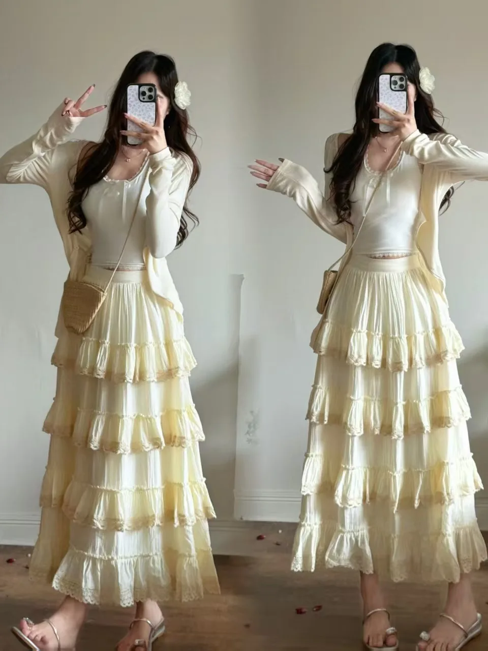 

Summer Gentle Sweet Atmosphere Large Size Pleated V-neck Cake Skirt Women's Flounce Half Skirt Puffy Gored Skirts
