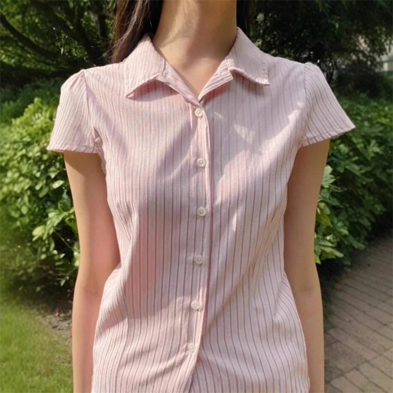 Pink Striped Blouse Tops Women Simple Silver Line Slim Short Sleeve Buttons T-shirts Female Sweet Cute Preppy Style Tshirt Y2K view 2