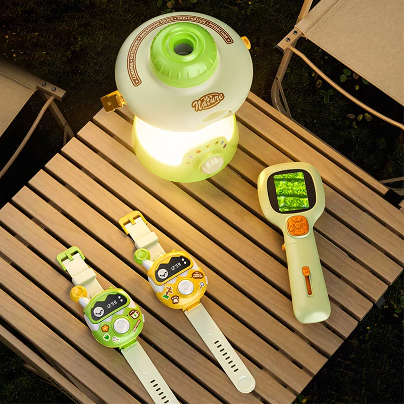 4 in 1 Children Wilderness Exploration Kit Toys Multi Functional Camping Light+ A Pair Walkie-talkie+ 1000X Magnifying Glass Toy