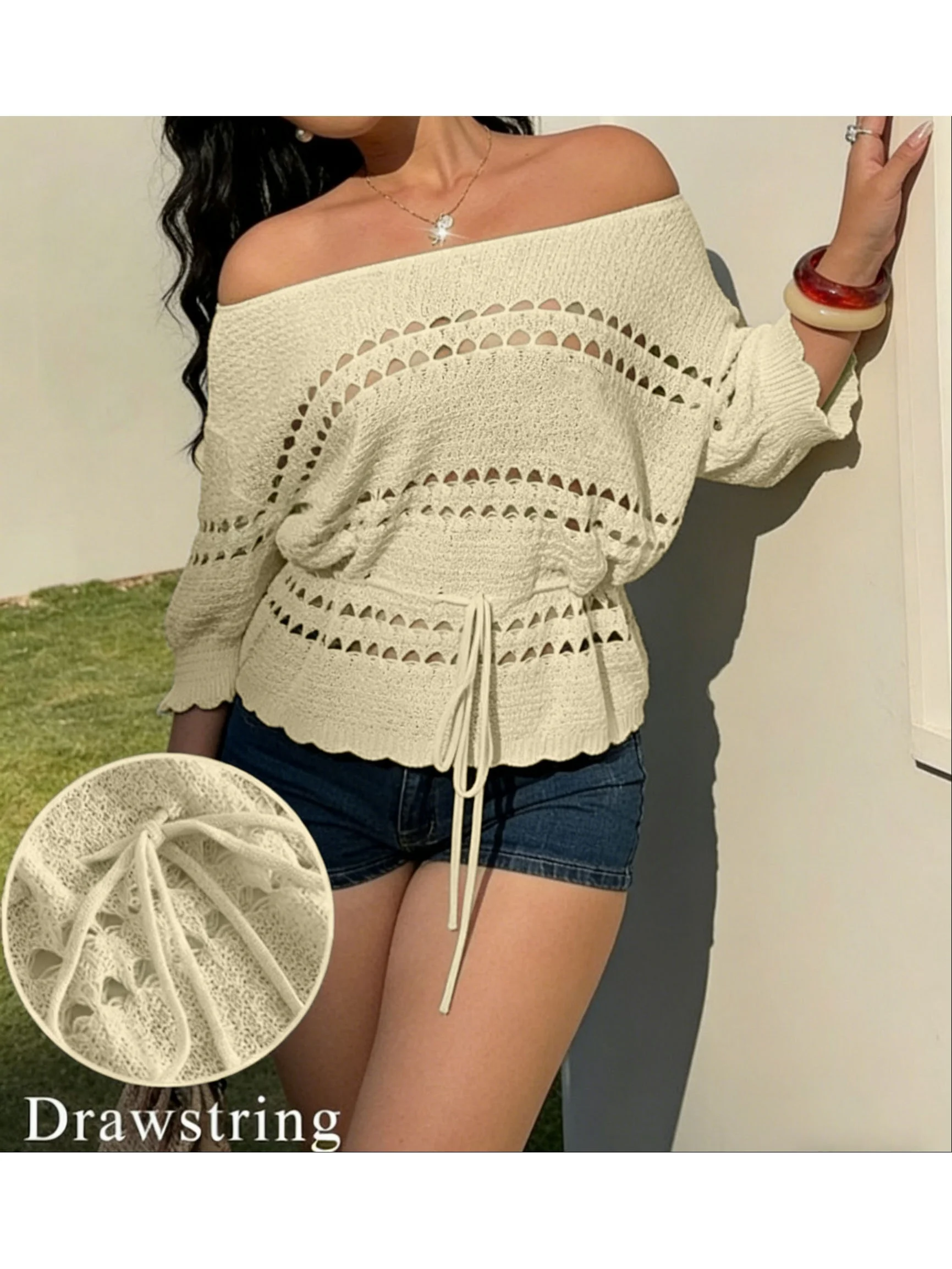 

Women's plus size solid color irregular hem hollow knit top, elegant vacation style, spring/summer style