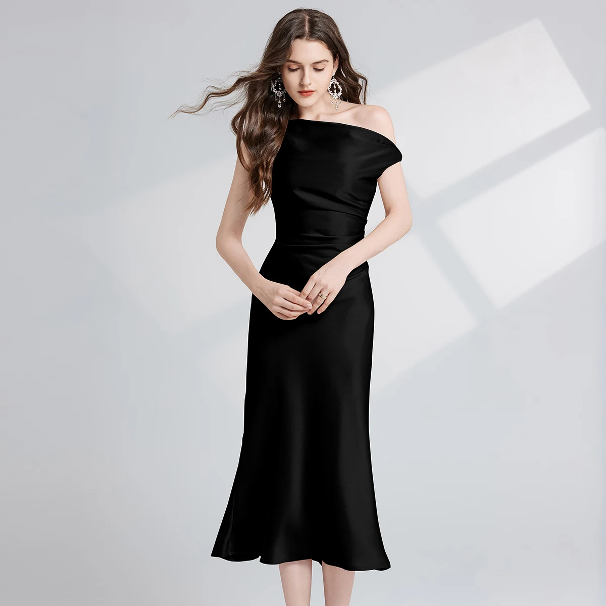 Sexy Satin-Meerjungfrauenkleid für besondere Anlässe, Damen, eine Schulter, Party, Ballkleid, schräg, rückenfrei, geraffte Taille, Abschlussball, Cocktail-Robe