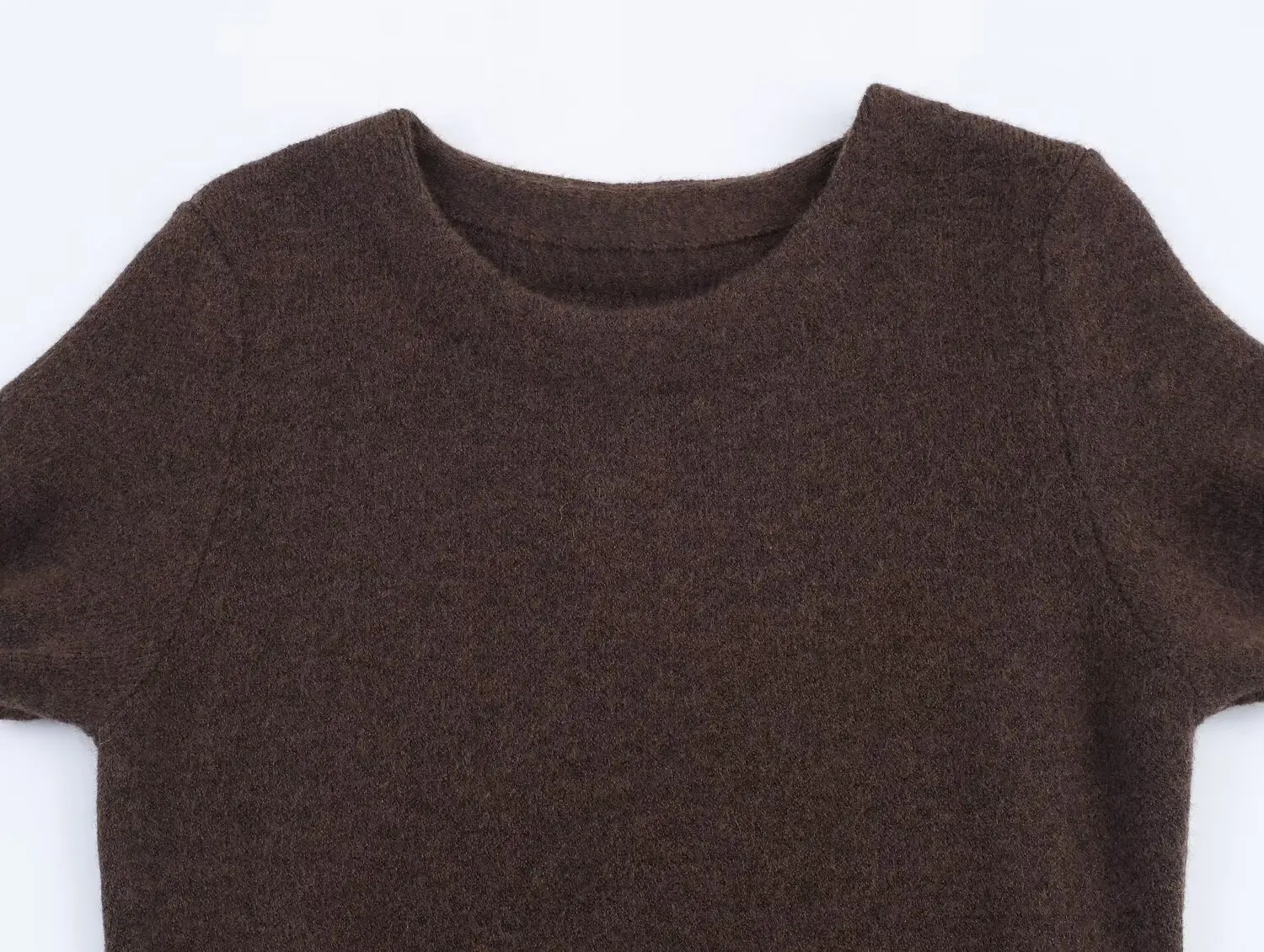 ETJ 2025 Nova coleção feminina: moda maillard cor pele sintética patchwork bainha em torno do pescoço vestido de malha de manga curta