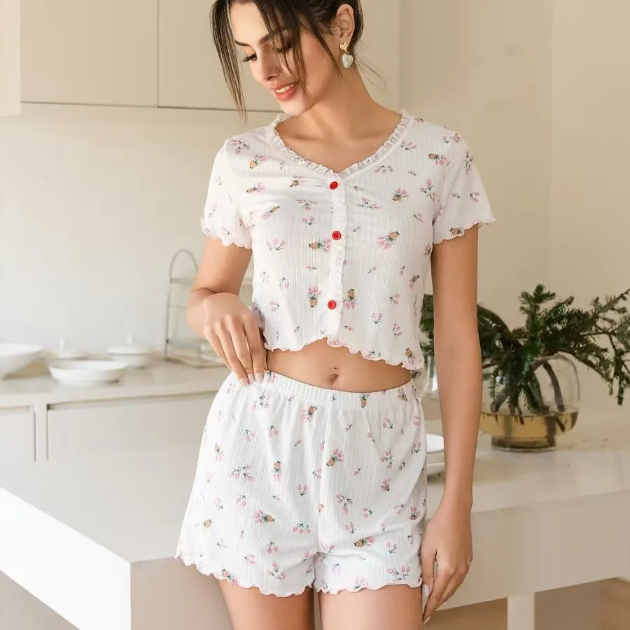 

Floral Printed Pajamas for Women Button Short-sleeved Shorts Casual Fashion Loungewear Two-piece Suit Sleepwear Elegant Pijama