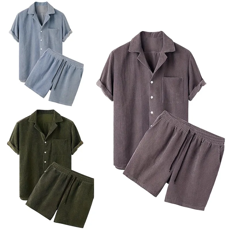 

Мужская вельветовая рубашка и шорты, комплект с воротником, однотонный, легкий, летний, повседневный, комплект из двух предметов, дышащая одежда для дома