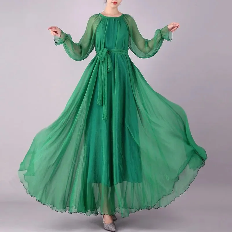Elegant Chiffon Long Dress 2024 Spring/Summer New Long Sleeve Seaside Vacation Beach Dress Solid Color Elegant Ladies Vestidos