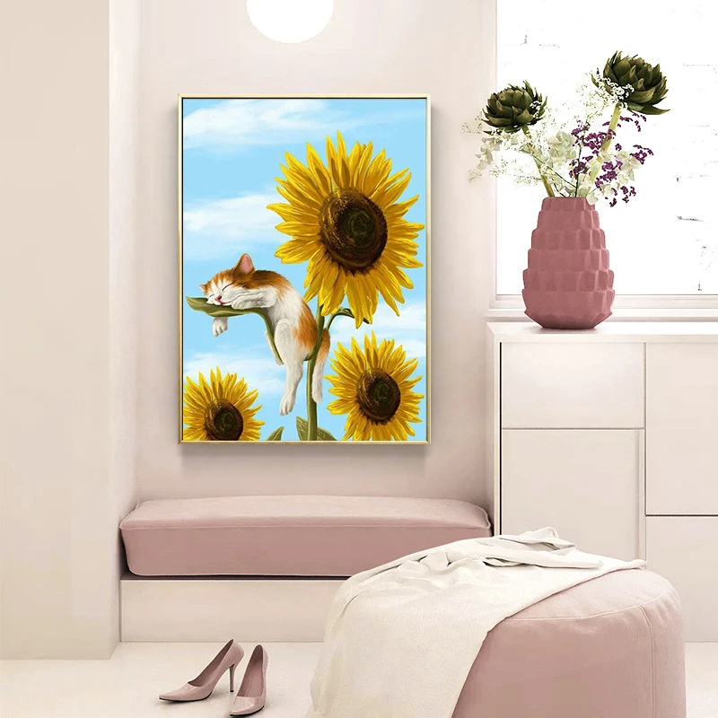 Cat and Sunflower Diamond Embroidery Painting, 5D DIY, Handmade Gift, Bedroom, Living Room, Wall Animal Art, Home Decor