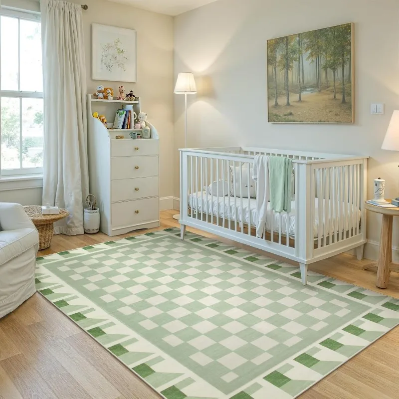 

Green Plaid Living Room Carpet Bedroom Bedside Mat Foldable Machine Washable Soft and Fashionable Cloakroom Rugs Ковер Tapis 러그