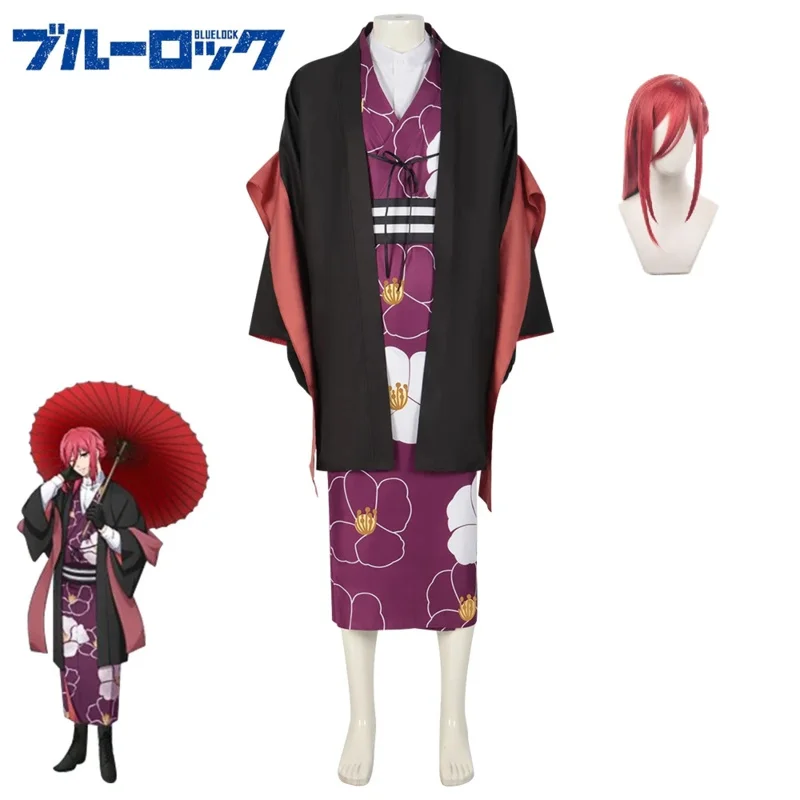 Anime BLUE LOCK CHIgiri Hyoma Cosplay Costume Halloween Role Play Uniform Kimono Top Belt Gloves Wraps Men Red Wig Full Suit