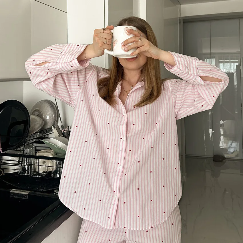 Casual Chic Weibliche Pyjamas Hause Tragen Mode Langarm Shirts Breite Bein Hosen Anzüge Streifen Gedruckt Lange Hosen Sets für Frauen
