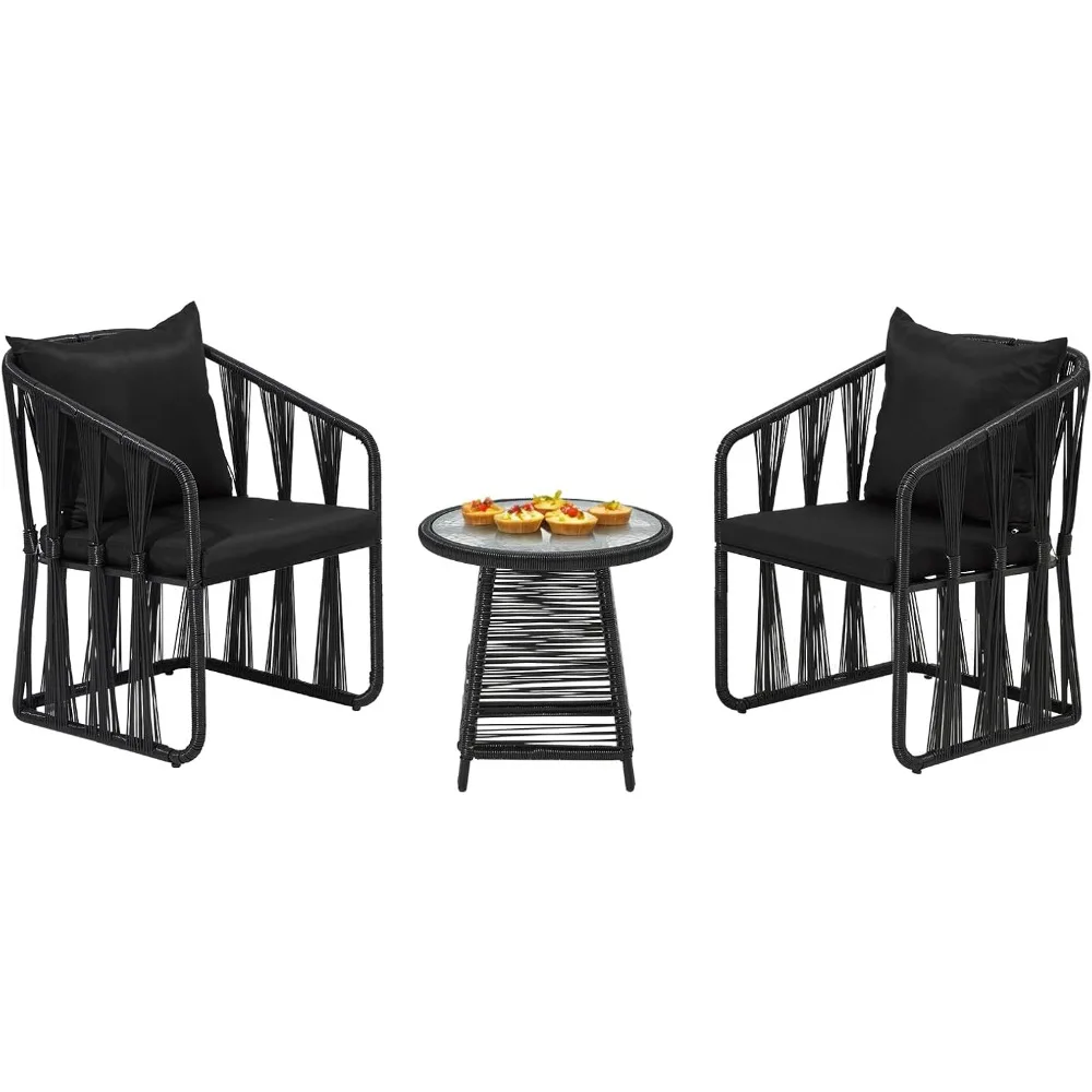 

3 Piece Patio Rattan Bistro Set, Outdoor All Weather Wicker Furniture Chairs with Table and Soft Cushions, Modern Conversation