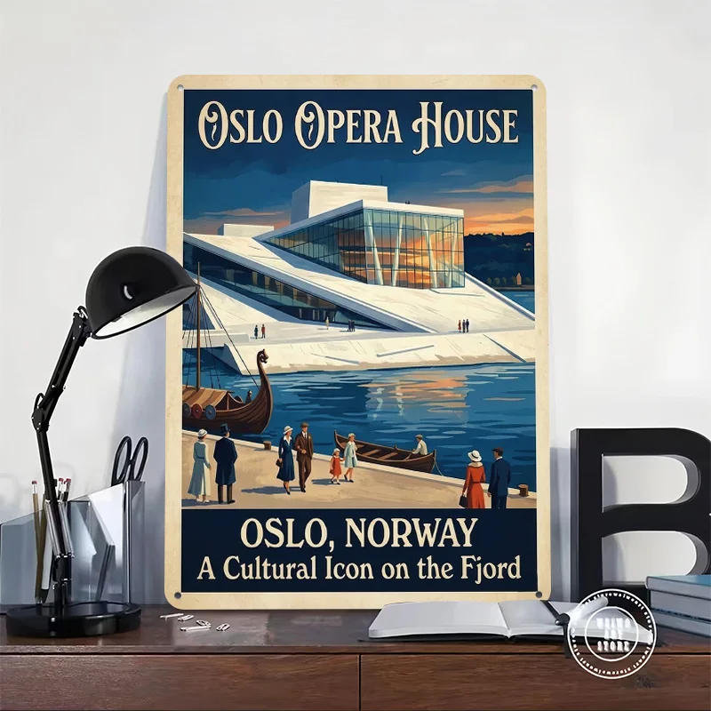 Oslo Opera House Travel Poster Retro 3D Printed Metal Signs Customized Wall Hanging Gift for Decoration Room Ornaments Wand Deko