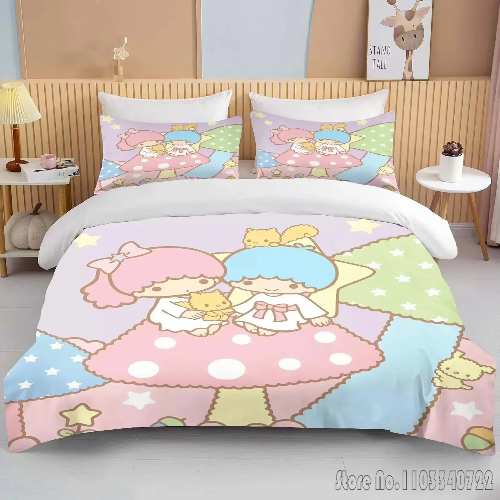 

Sanrio Little Twin Stars Printed Soft Bedding Set Duvet Cover Anime Quilt Adult Kids Birthday Gift Full Size Bedding Set Luxury