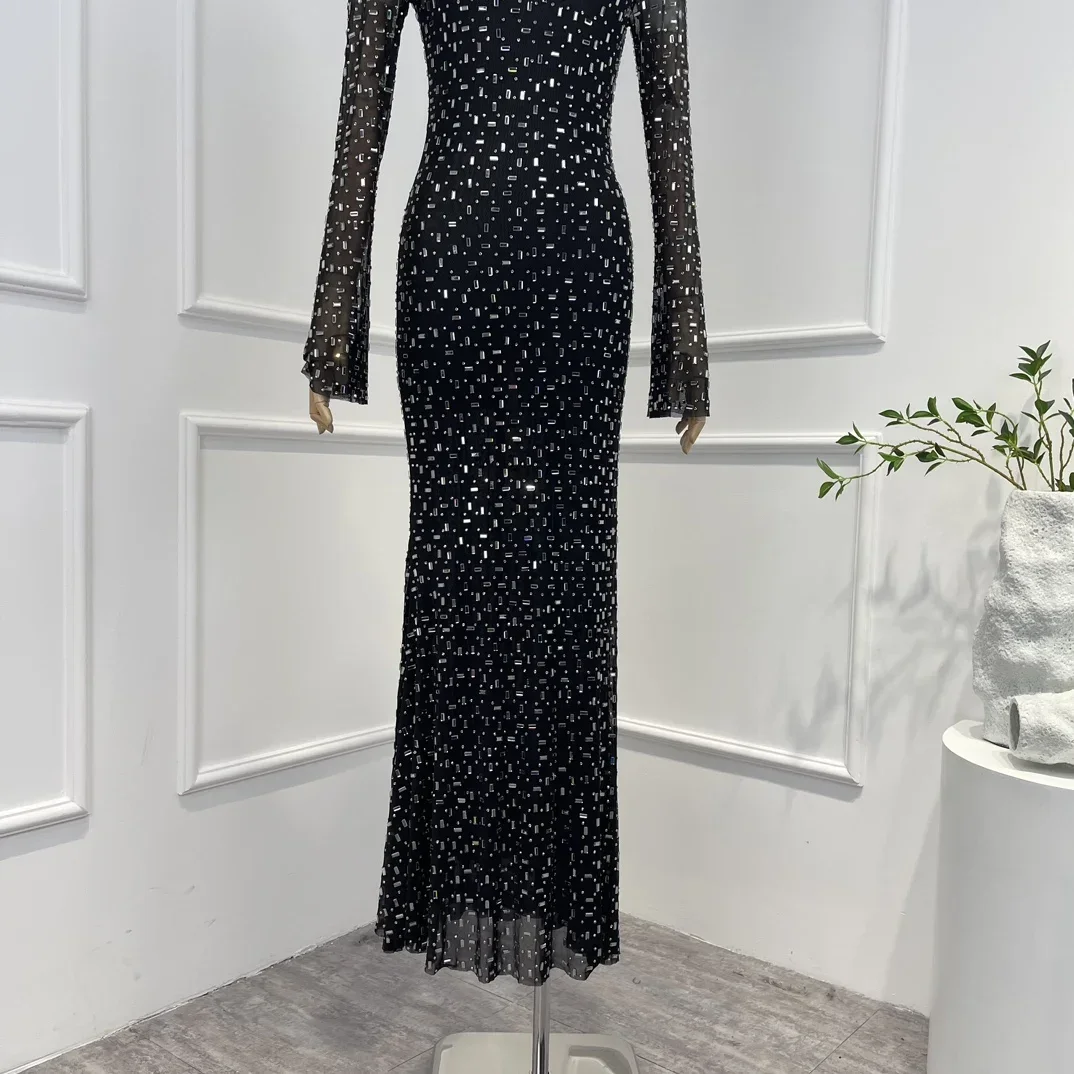 Top Quality Hot Sale Solid Black Diamonds Long Sleeve Slim Vintage Party Midi Dresses for Women 2024 New