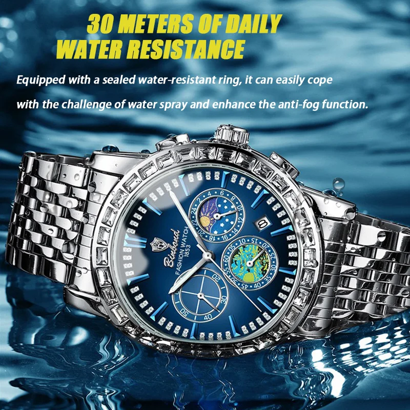 BINBOND  Sports Watches Men Waterproof Luminous Week Calendar Watch Man Quartz Movement Stainless Steel  Fashion Men Watch