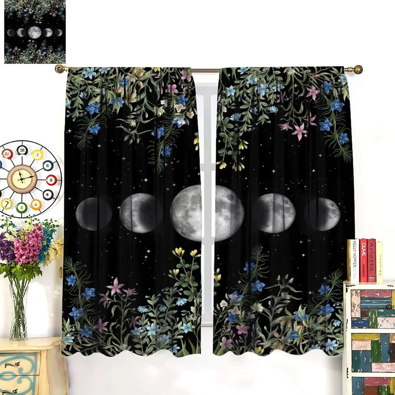 Moon Floral Curtains,Moon Phase Moonlit Pink Natural Spring Gothic Tarot Style Home Bedroom Living Room Window Decor Curtains