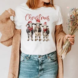 Christmas Cow Cute And Sweet 90s Women's Short Sleeved Printed Clothing T-Shirt Top Fashion Pattern Basic Casual Fun T-Shirt