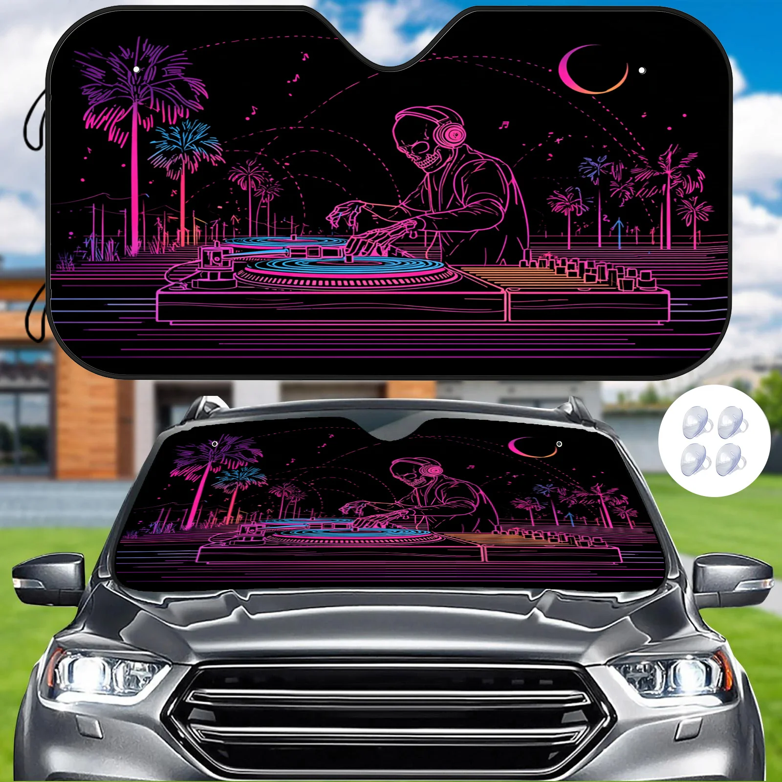 Neon DJ Car Sunshade, Trendy Cyber Style, Heat Insulation And Reduction, Regulates Interior Temperature, Comes With 4 Auxiliary