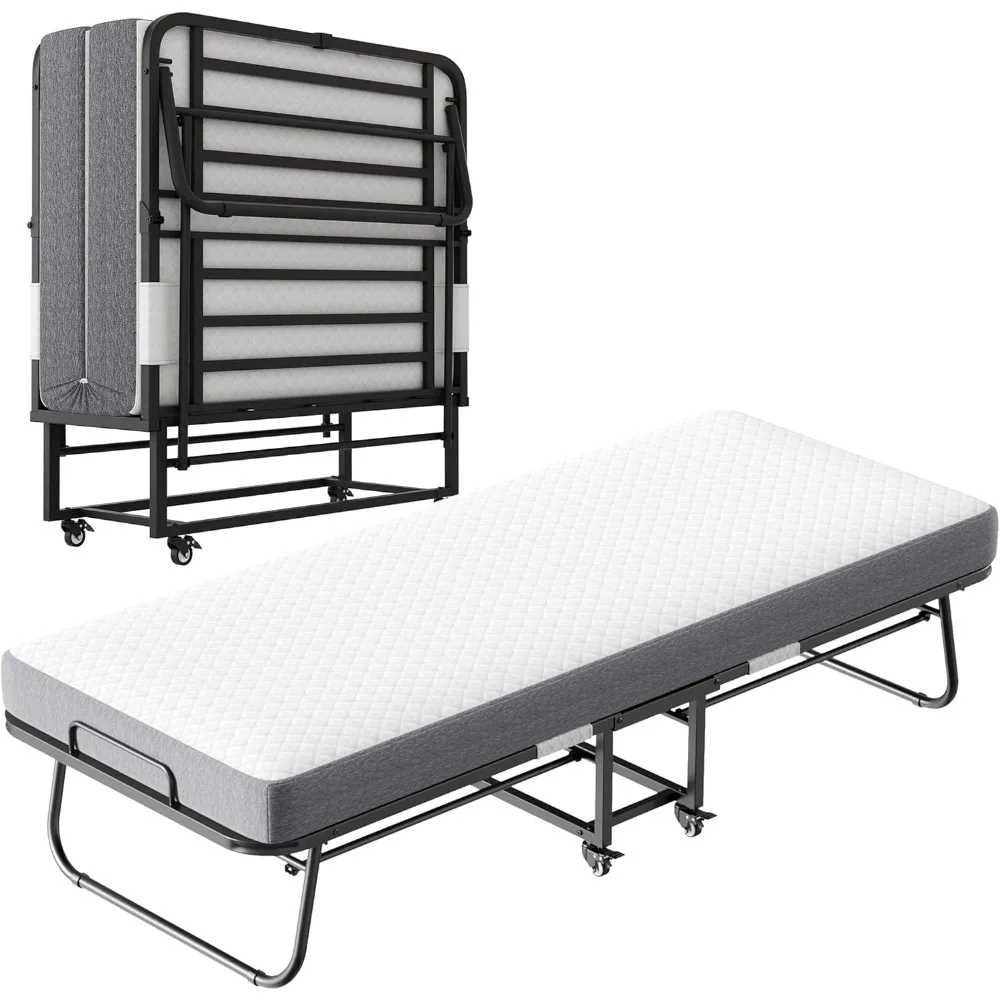 Przenośne składane łóżko pojedyncze z materacem z pianki memory dla dorosłych - oszczędzające miejsce łóżko dla gości, łóżko na kółkach